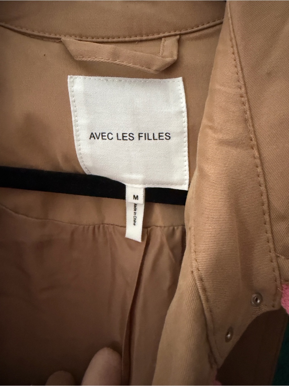 Avec Les Filles Tan Trench Coat with Pink Trim and Blue/Green Accents - Picture 2 of 3